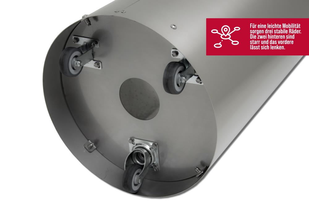 Mobilität: 3 Rollen integriert, inklusive wendbarer Lenkrolle