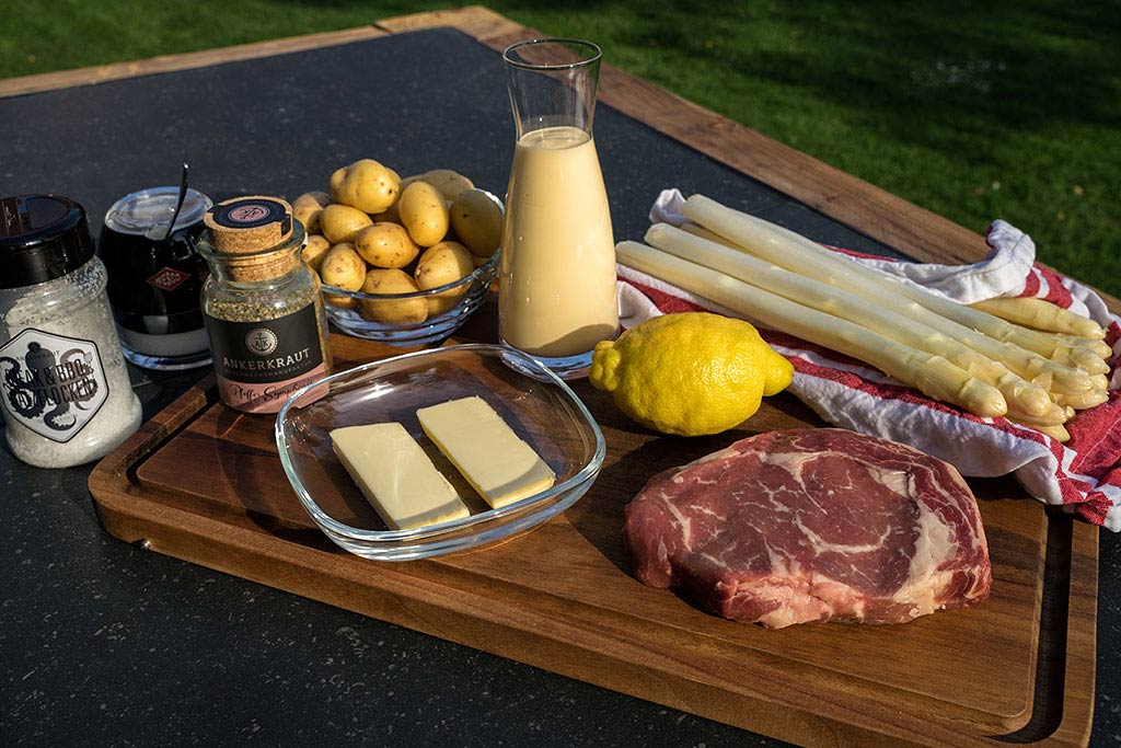 Zutaten für Rezept: Ribeye Steak an weißem Spargel und Drillingen