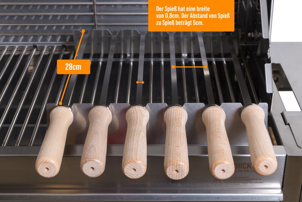 Jeder Spieß misst eine Breite von 8 mm und eine Länge von 28 cm