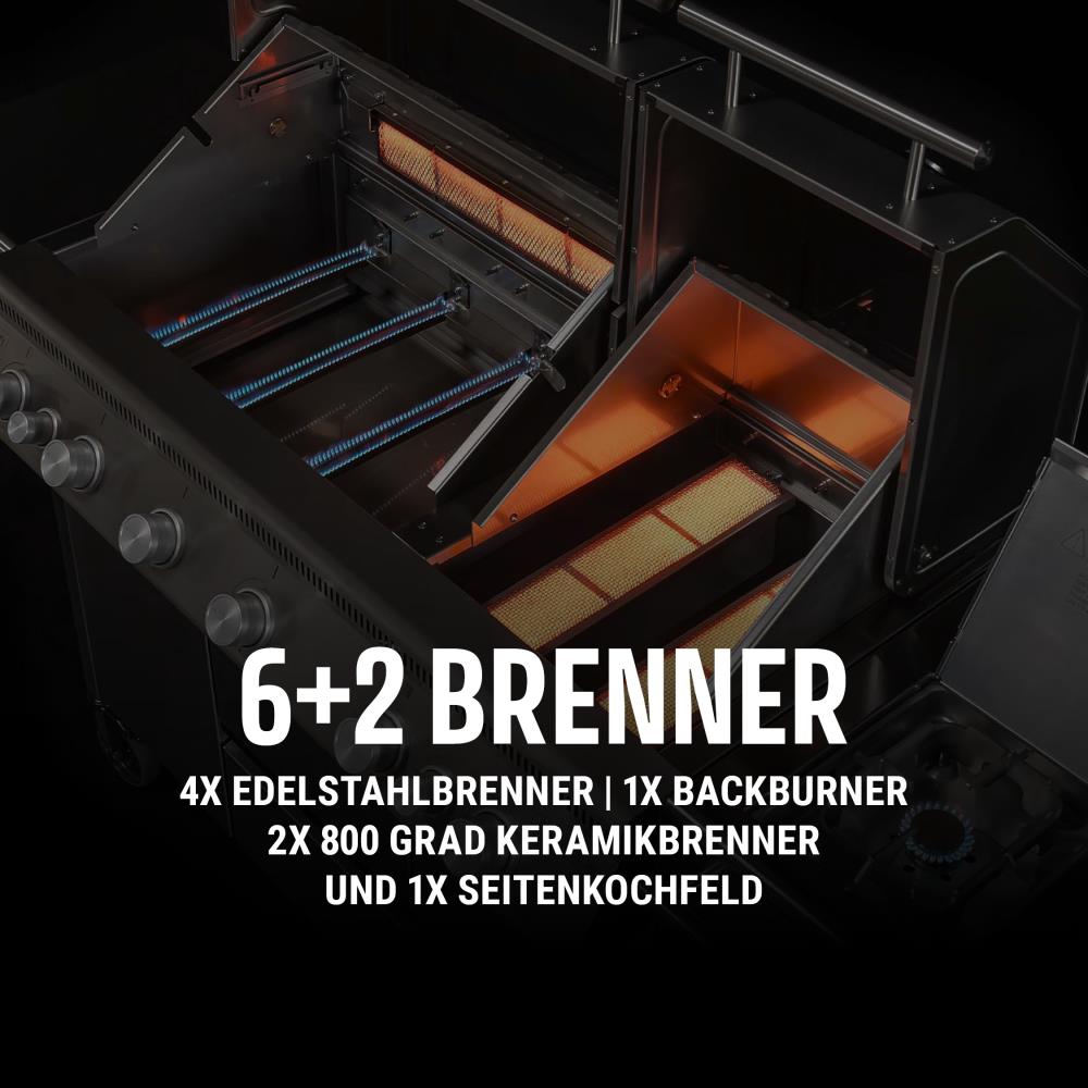 4 Edelstahlbrenner, 2  800° Keramikbrenner, 1 Backburner, 1 Seitenkochfeld