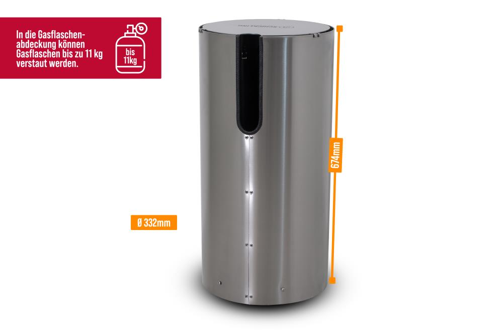 Die 674 mm hohe und im Durchmesser 332 mm breite Gasflaschenhalterng