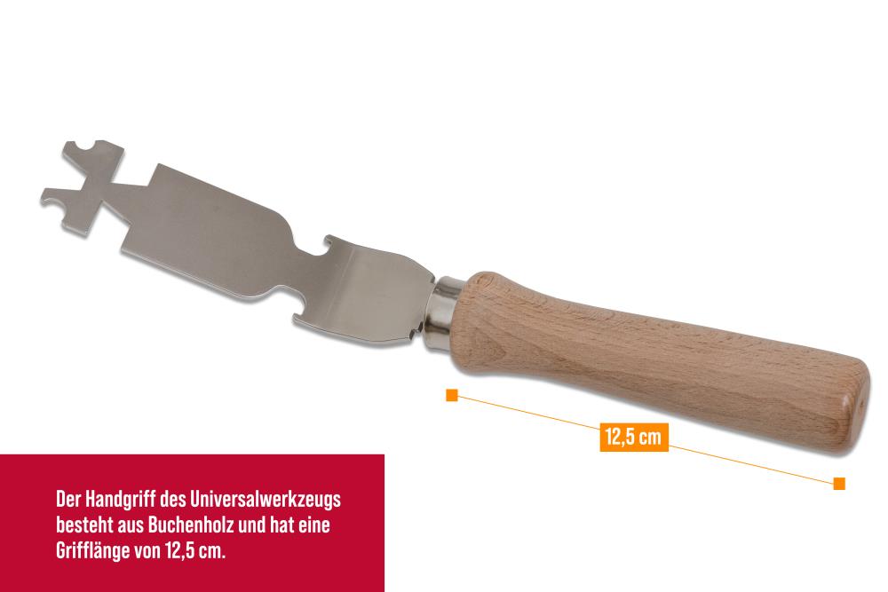 Der Buchenholzgriff ist 12,5 cm lang