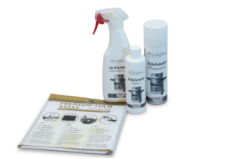 Intensiv-Reiniger, Pflegespray, Edelstahl-Politur und ein Premium-Tuch