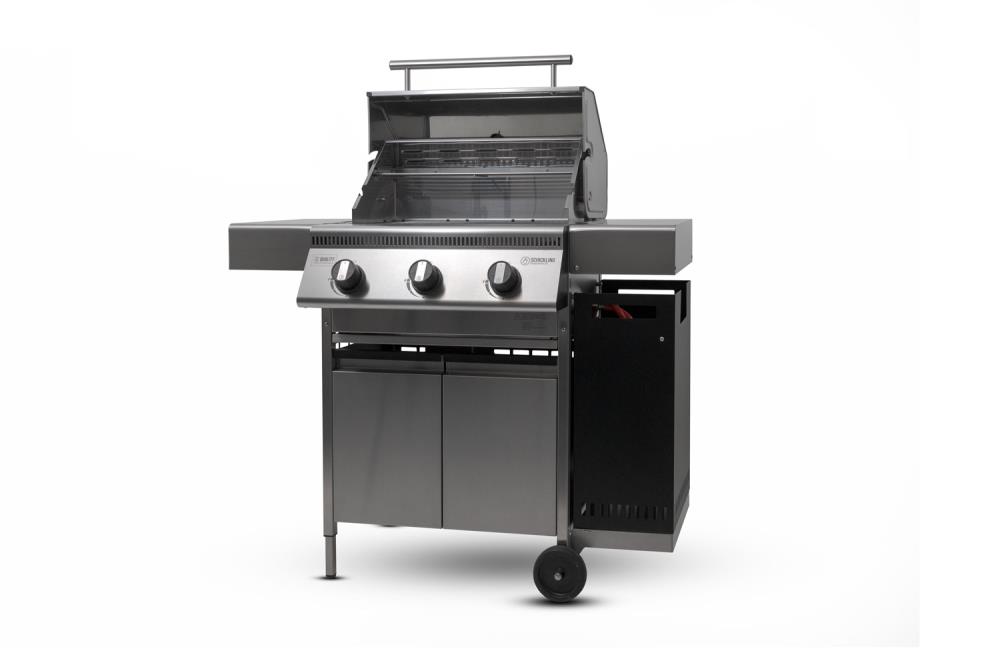 Die Gasflaschenhalterung sitzt seitlich am Grill