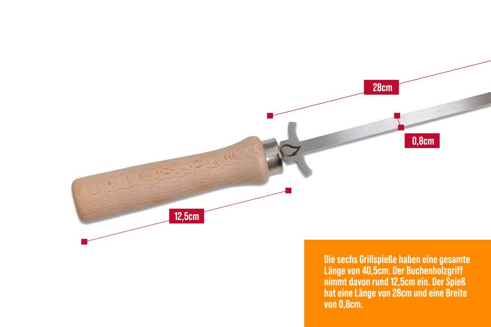 Gesamtlänge Grillspieß: 40,5 cm, Länge Buchenholzgriff: 12,5 cm; Länge Spieß: 28 cm